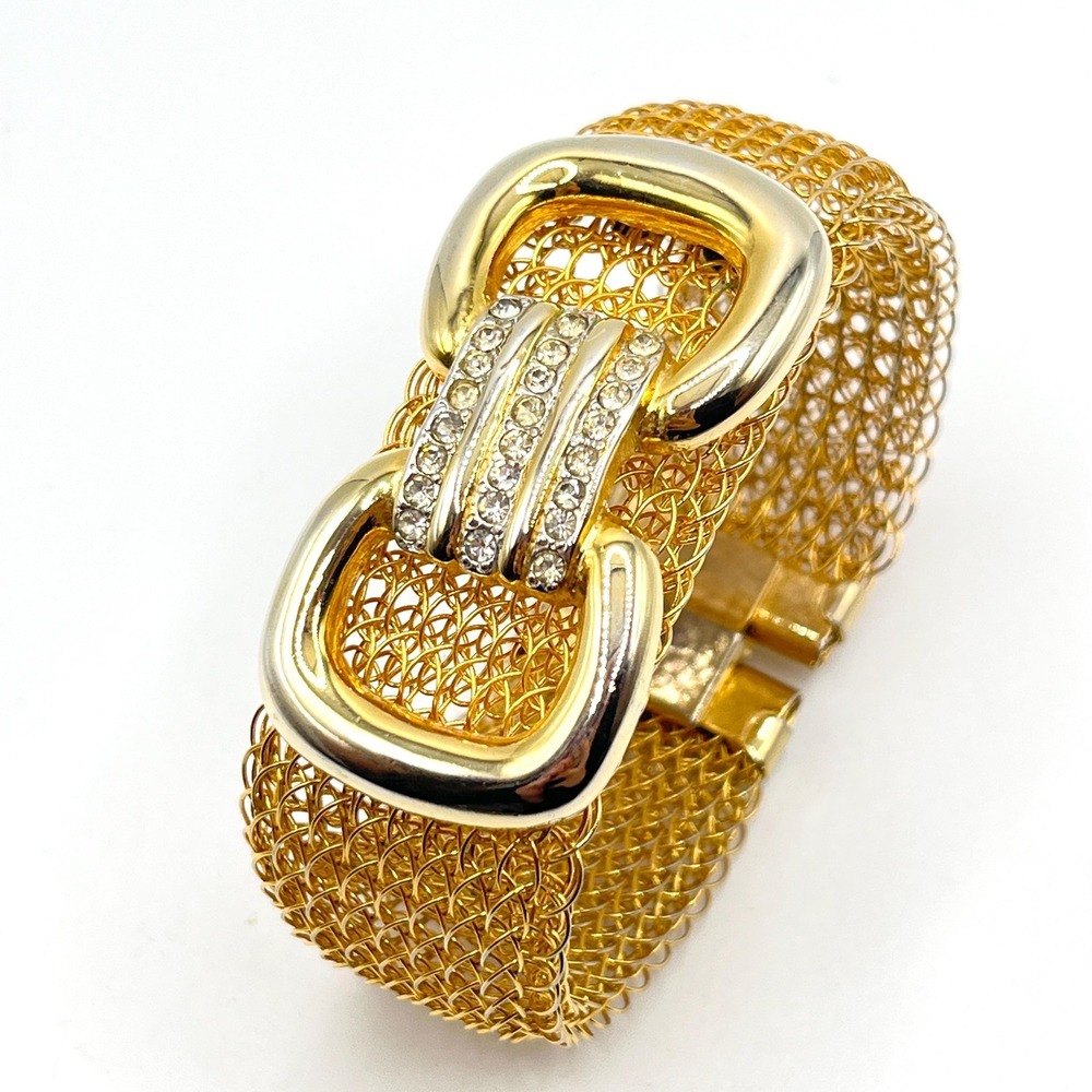 Vintage 80s Mesh Gold Tone Belt Buckle Rhinestone Cuff‎ Bracelet